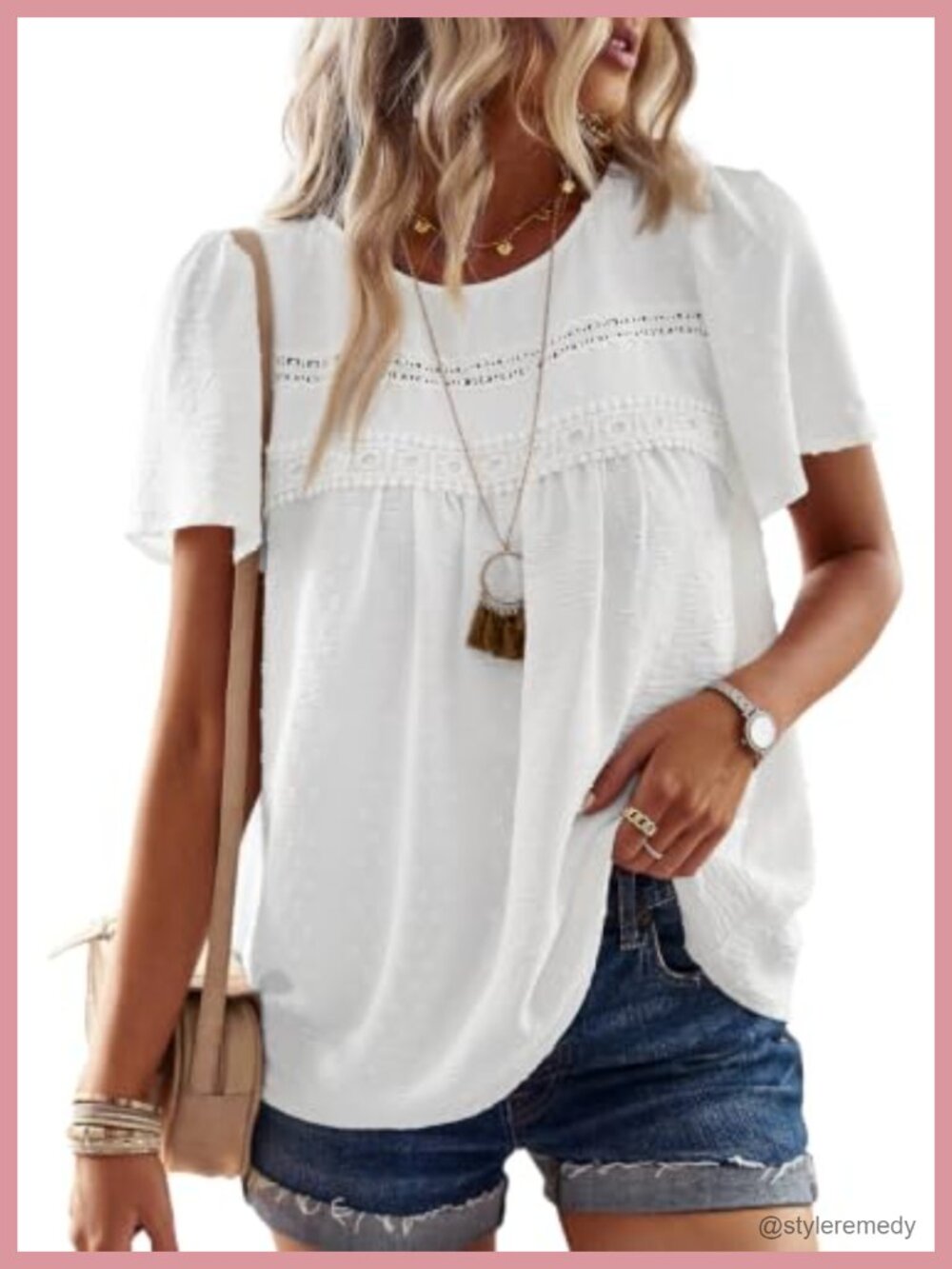 Womens Crochet Lace Boho Blouse Short Sleeve Loose Fit Tunic Top